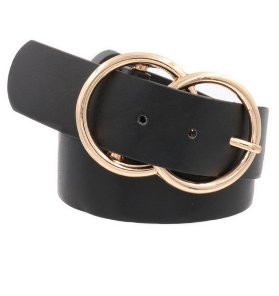 Double Ring Belt for Women, Faux Leather Jeans Belts with Golden Circle  Buckle